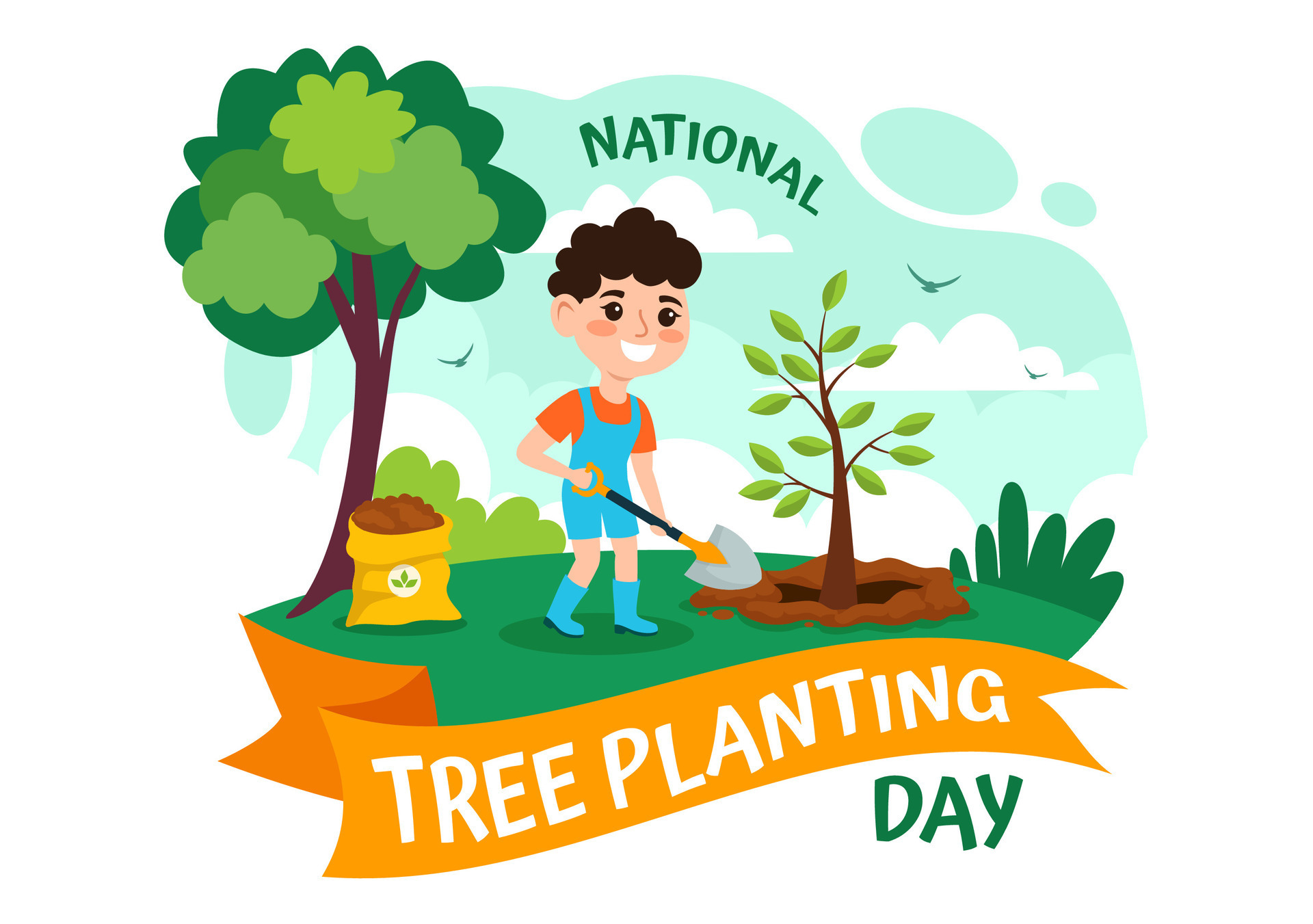 National Tree Planting Day Vector Illustration with Kids Plant Seedling