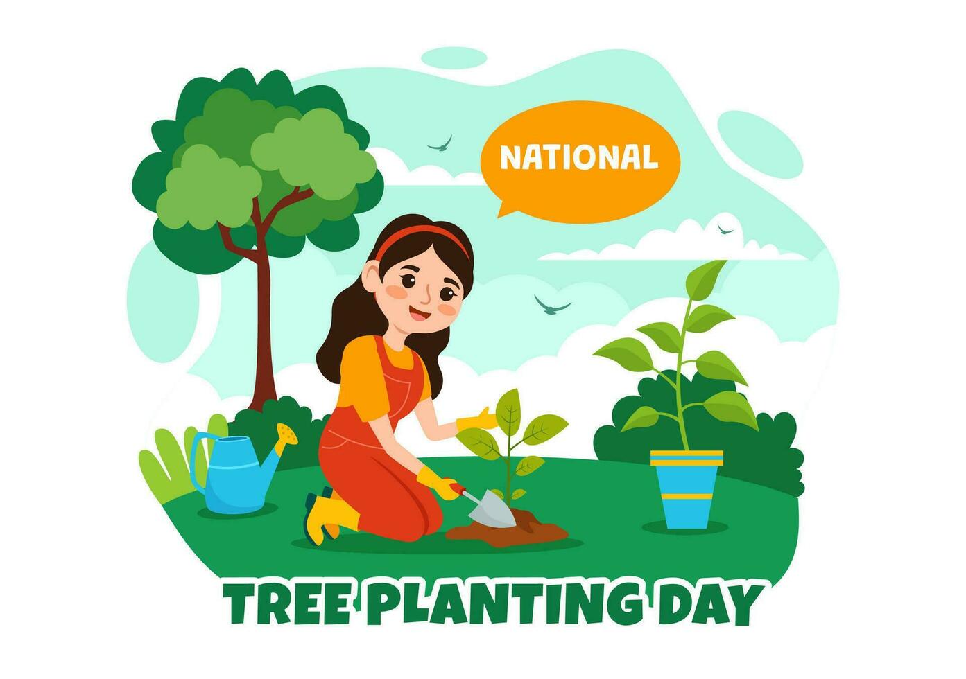 National Tree Planting Day Vector Illustration with Kids Plant Seedling Trees in Forest or Garden in Arbor Flat Cartoon Background Design