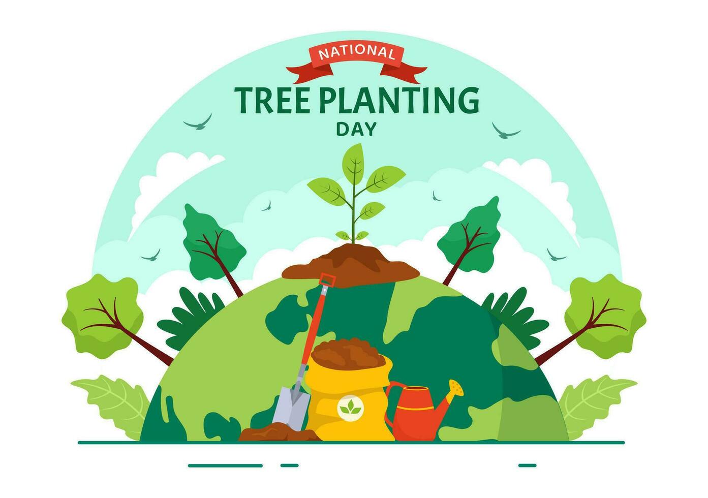 National Tree Planting Day Vector Illustration with Kids Plant Seedling Trees in Forest or Garden in Arbor Flat Cartoon Background Design