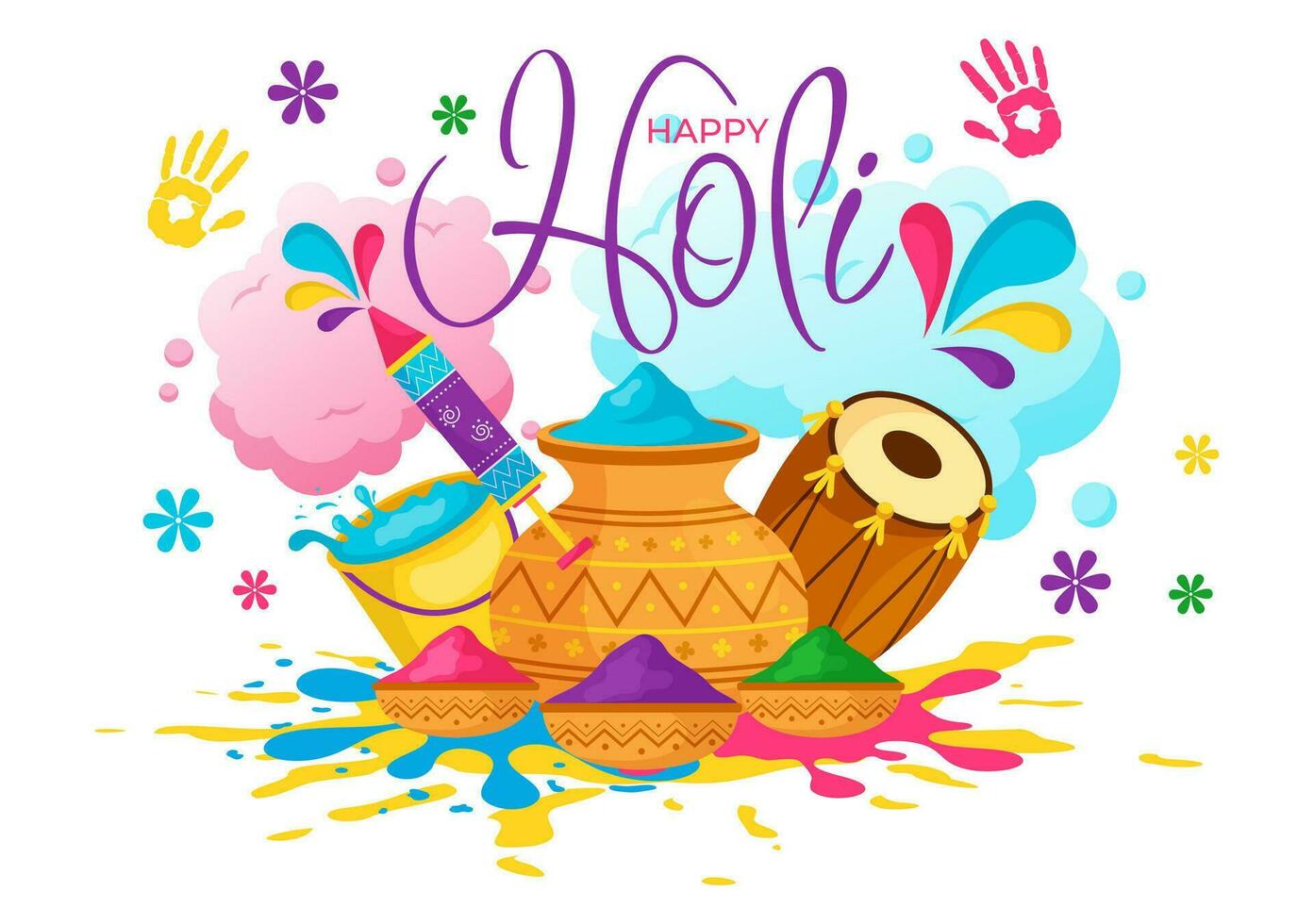 contento holi festival vector ilustración con vistoso maceta y polvo en hindi en colores celebracion plano dibujos animados antecedentes diseño