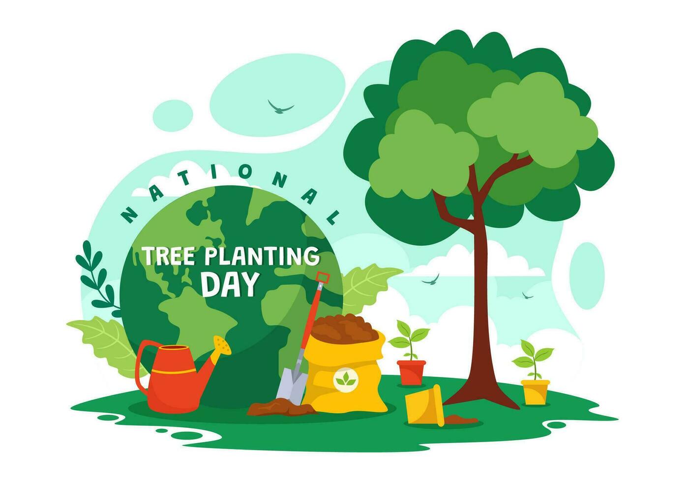 National Tree Planting Day Vector Illustration with Kids Plant Seedling Trees in Forest or Garden in Arbor Flat Cartoon Background Design