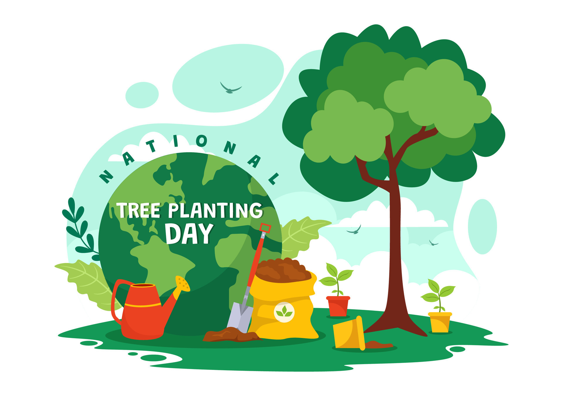 National Tree Planting Day Vector Illustration with Kids Plant Seedling