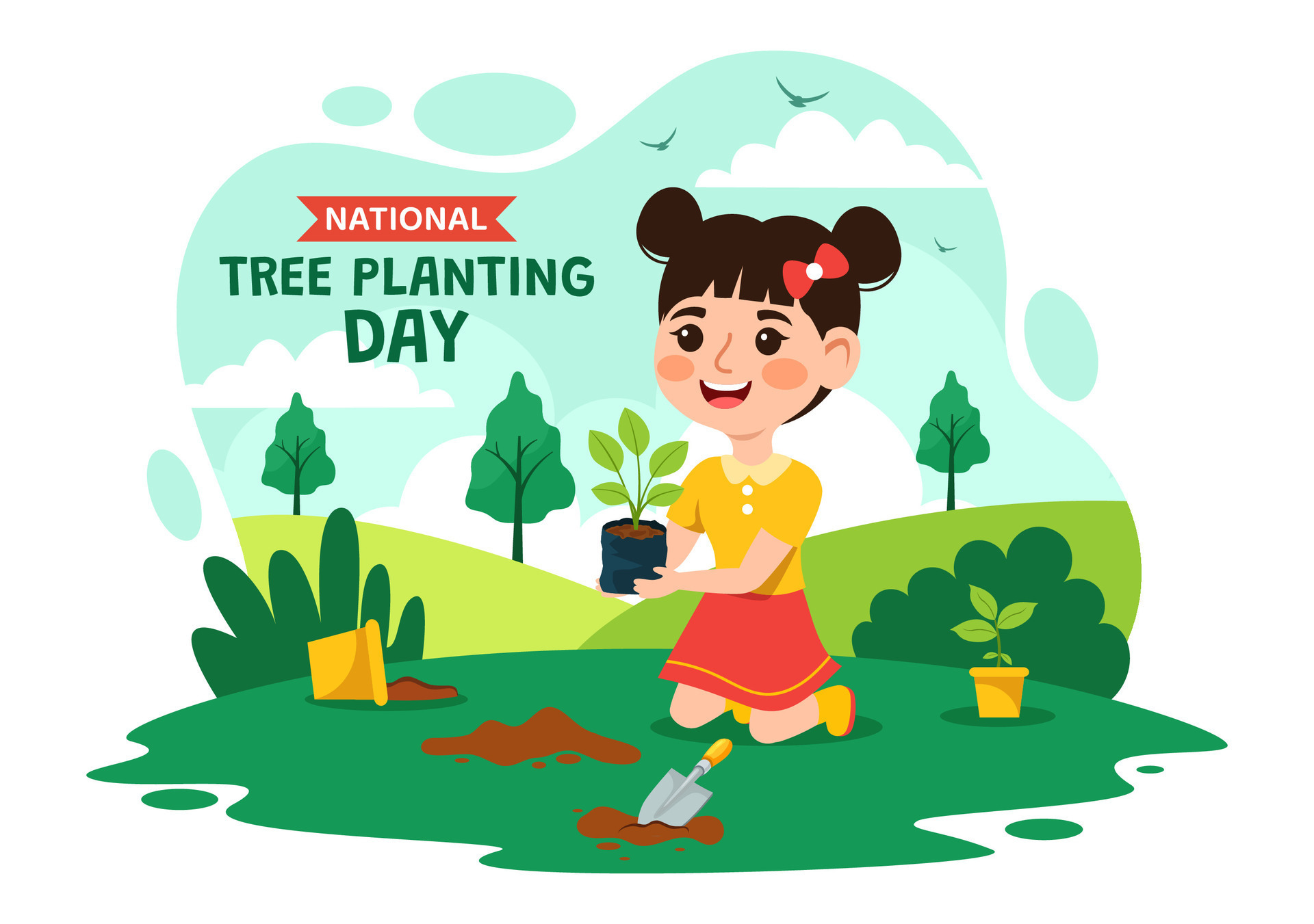 National Tree Planting Day Vector Illustration with Kids Plant Seedling