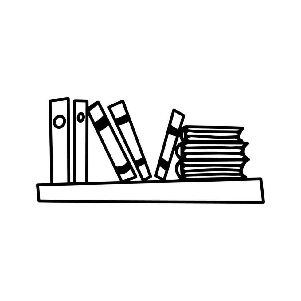 Vector bookshelf, documents on the shelf, folders isolated on white background. Back to school icon for education, seasonal design, decoration office or school card. Hand drawn doodle coloring page.