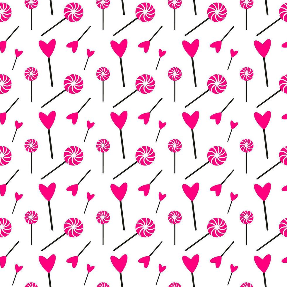 Pink lollipops seamless pattern for Valentine day. Doodle seamless pattern wrap for Valentine day with sweet lollipop. Doodle lollipops icons on Wrap for Valentine day, Xmas, Easter. Heart lollipop vector