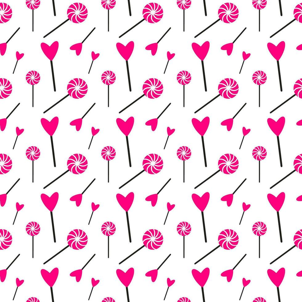 Pink lollipops seamless pattern for Valentine day. Doodle seamless pattern wrap for Valentine day with sweet lollipop. Doodle lollipops icons on Wrap for Valentine day, Xmas, Easter. Heart lollipop vector