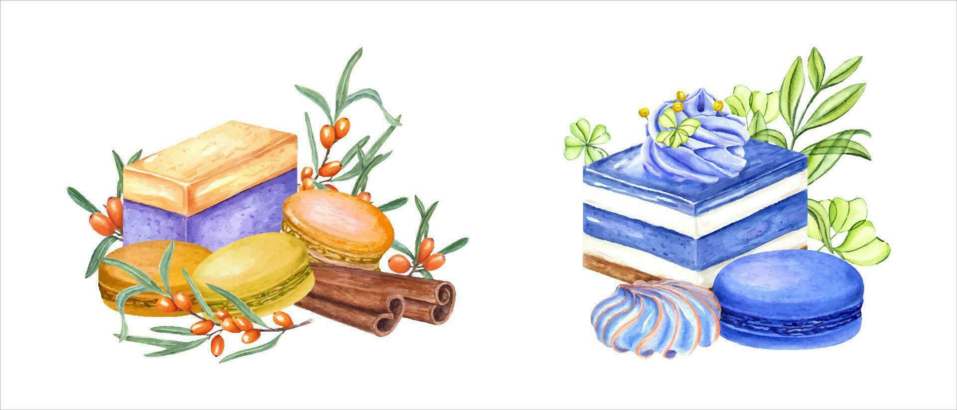 Yellow sweets surrounded by sea buckthorn branches and cinnamon sticks. Blue cake vector