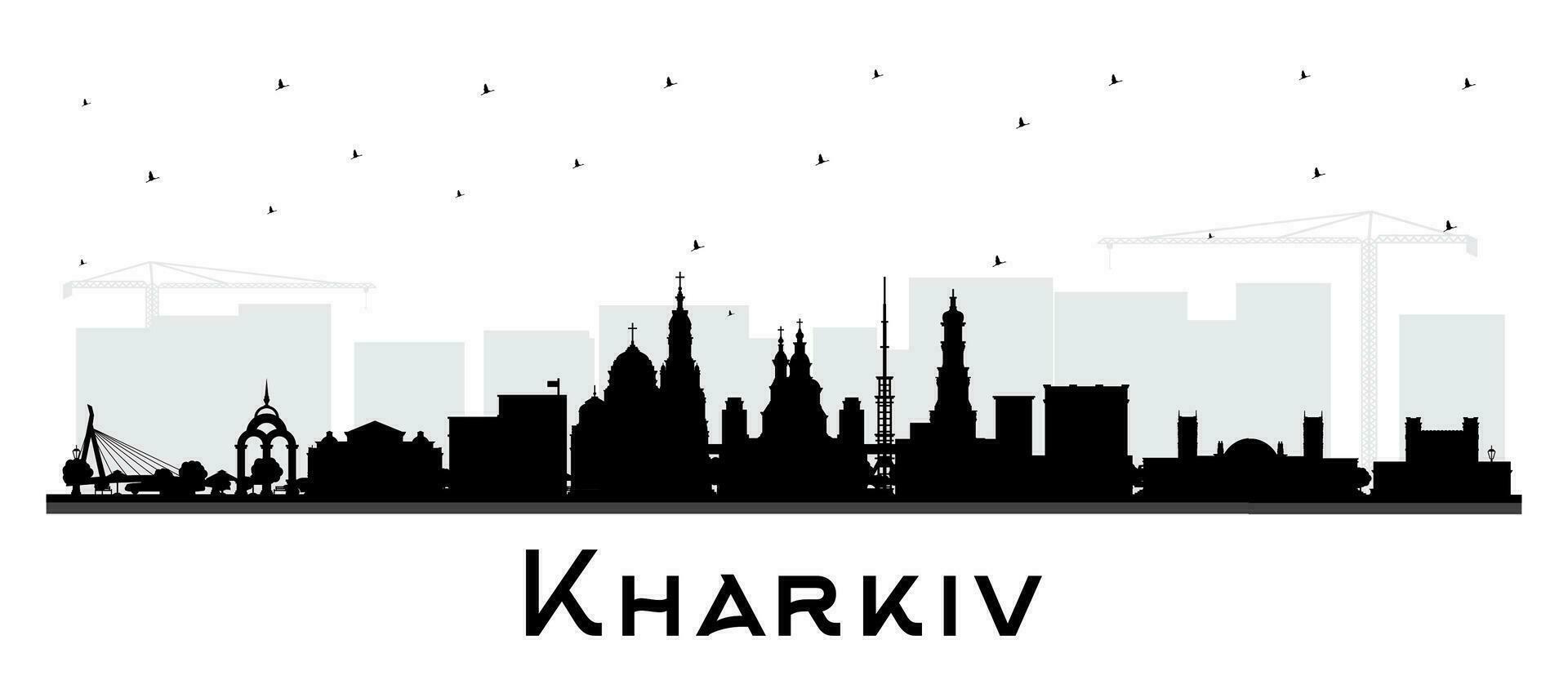 járkov Ucrania ciudad horizonte silueta con negro edificios aislado en blanco. járkov paisaje urbano con puntos de referencia negocio viaje y turismo concepto con histórico arquitectura. vector
