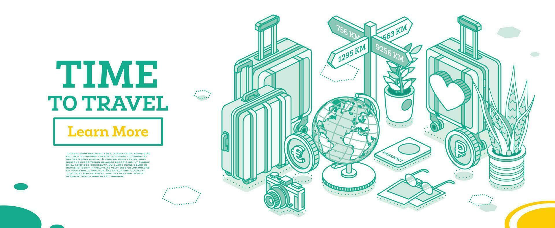 Time to travel. Isometric outline touristic concept. Travel bags, suitcases, passport, foto camera, globe and money. vector
