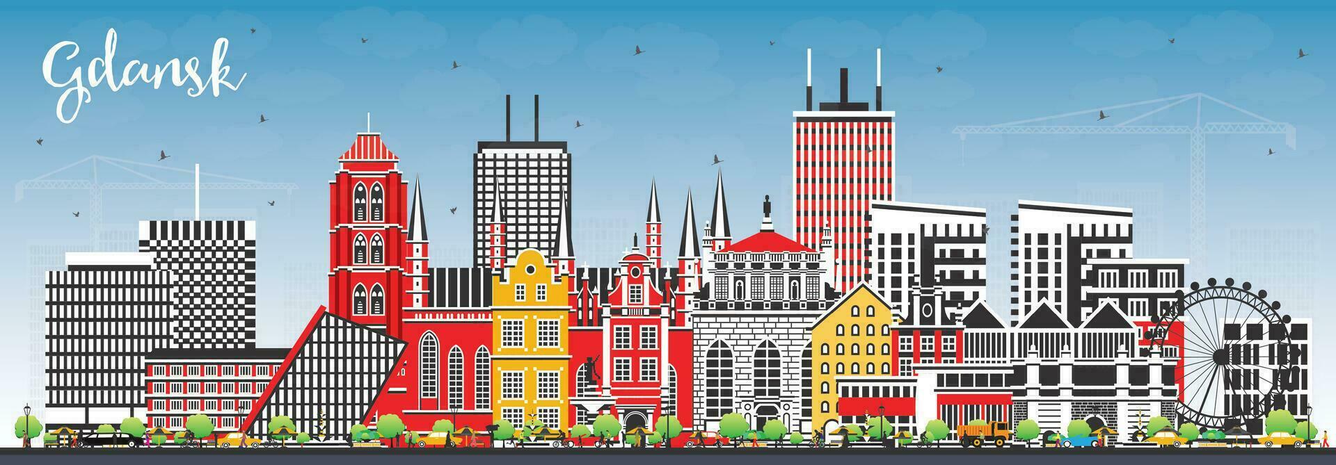 Gdansk Poland city skyline with color buildings and blue sky. Gdansk cityscape with landmarks. Business travel and tourism concept with modern and historic architecture. vector
