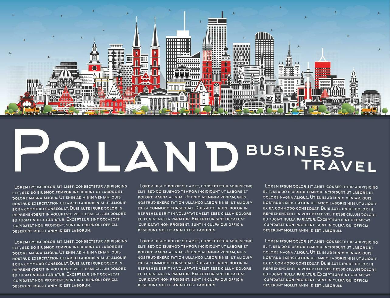 Poland City Skyline with Gray Buildings, Blue Sky and copy space. Concept with Modern Architecture. Poland Cityscape with Landmarks. Warsaw. Krakow. Lodz. Wroclaw. Poznan. vector