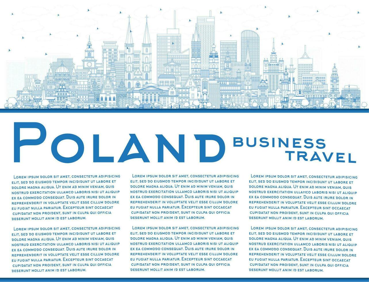 Outline Poland City Skyline with Blue Buildings and copy space. Concept with Modern Architecture. Poland Cityscape with Landmarks. Warsaw. Krakow. Lodz. Wroclaw. Poznan. vector