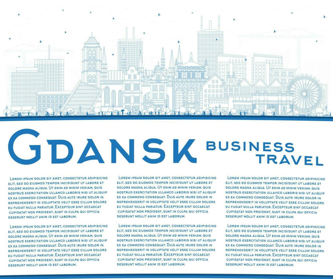 Outline Gdansk Poland city skyline with blue buildings and copy space. Gdansk cityscape with landmarks. Business travel and tourism concept with modern and historic architecture. vector