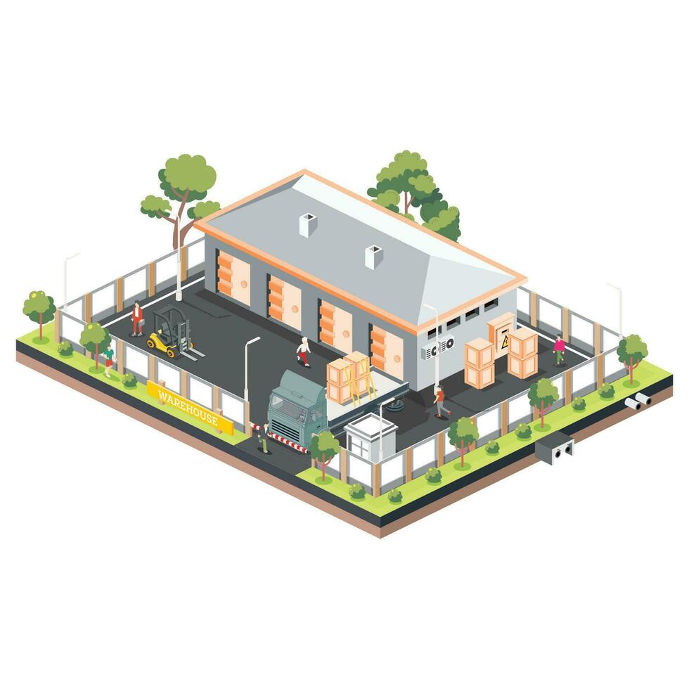 Isometric depiction of a Distribution Logistic Center featuring warehouse storage facilities and truck. Illustration capturing the loading and discharging terminal. vector