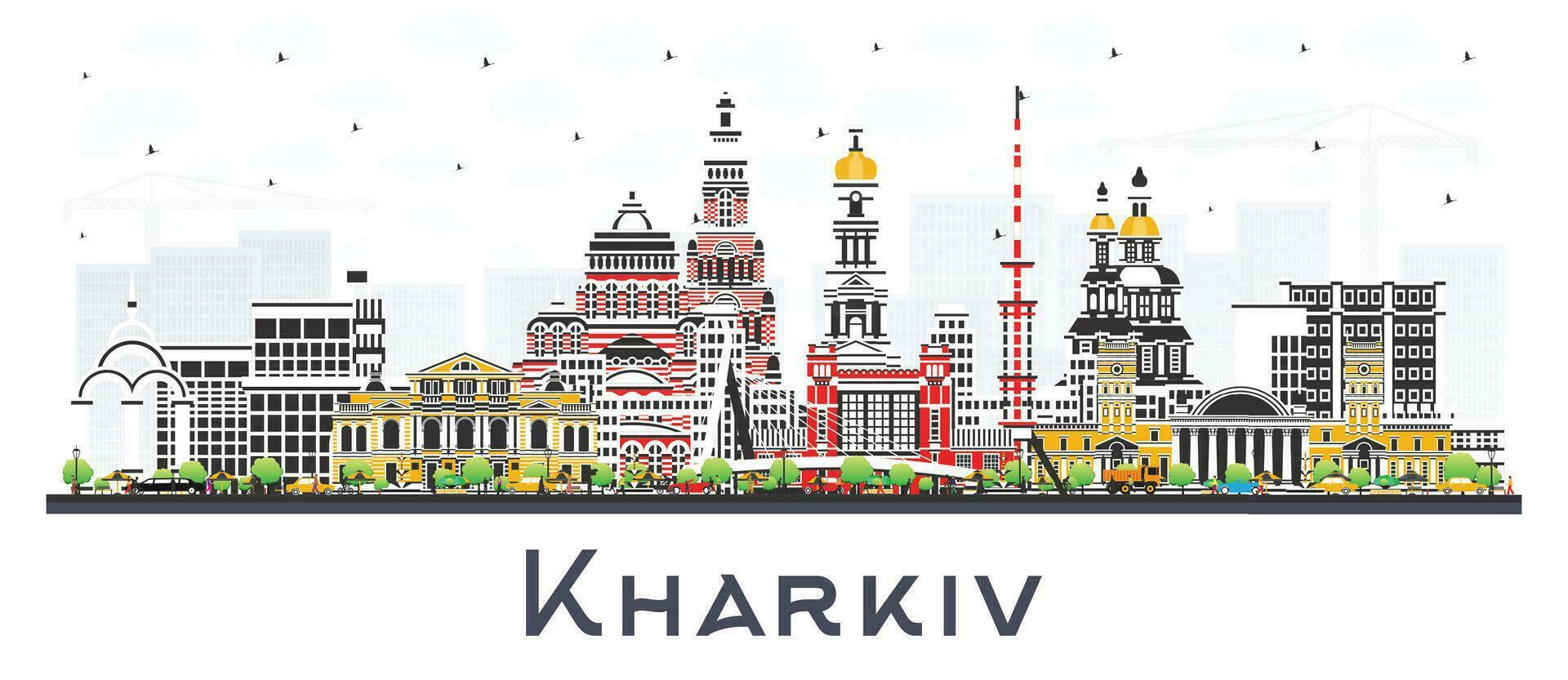 Kharkiv Ukraine City Skyline with Color Buildings isolated on white. Kharkiv Cityscape with Landmarks. Business Travel and Tourism Concept with Historic Architecture. vector
