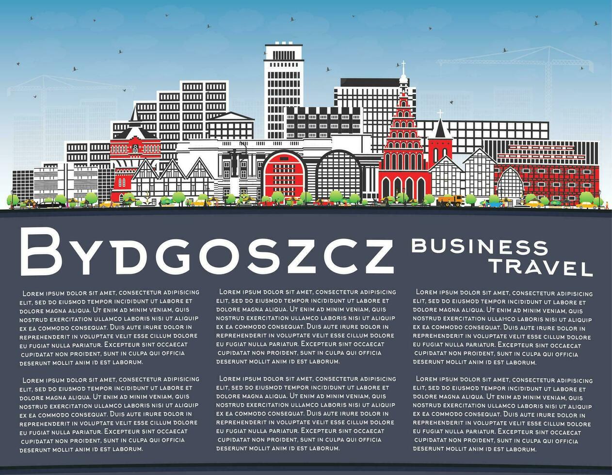 Bydgoszcz Poland city skyline with color buildings, blue sky and copy space. Bydgoszcz cityscape with landmarks. Business tourism concept with modern and historic architecture. vector