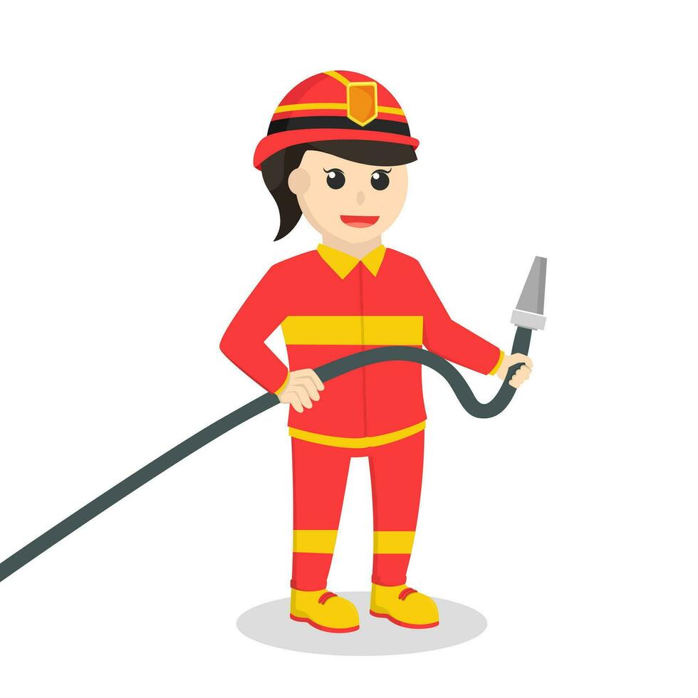 firefighter woman holding water hose vector