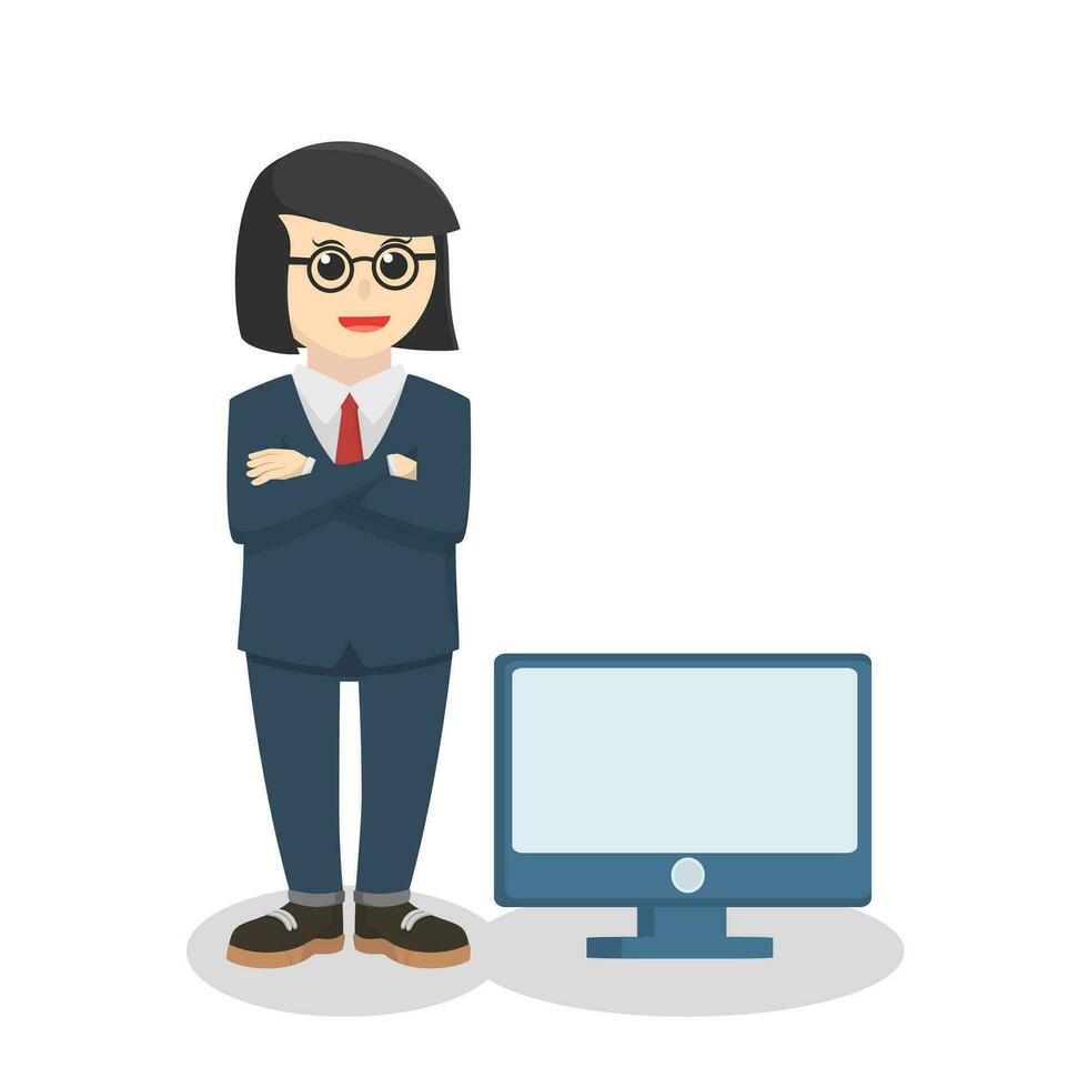 Businesswoman nerd office standing beside in monitor vector