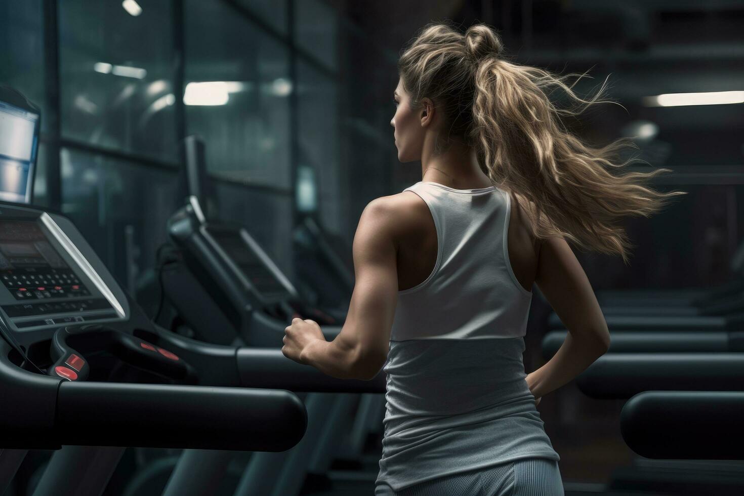 AI generated Side view of a young woman running on a treadmill in a gym, A woman running on treadmills at the gym, top section cropped, faces not revealed, with no deformation, AI Generated photo