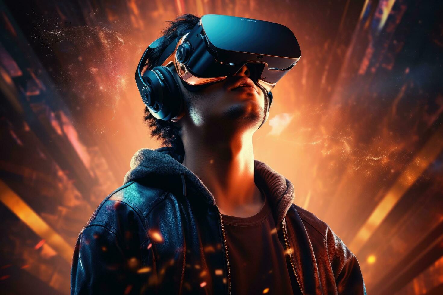 AI generated Young man wearing virtual reality goggles in front of a futuristic background, A young man wearing a virtual reality headset or 3D glasses explores a mixed media experience, AI Generated photo