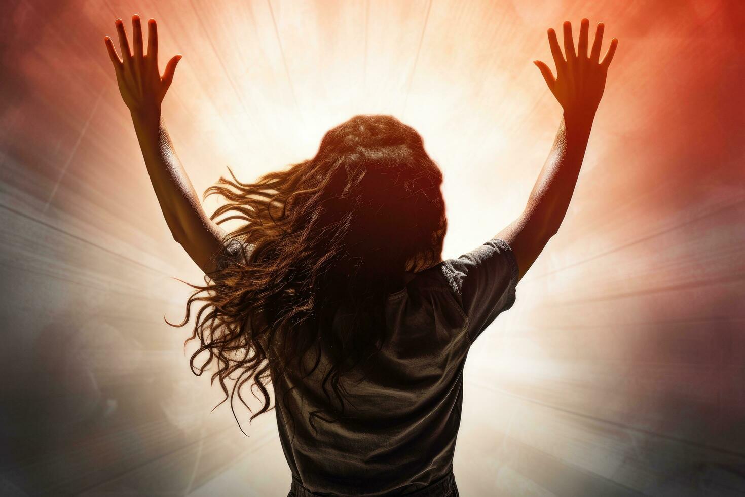 AI generated Rear view of young woman with hands up against rays of light, A young woman stretching her hands up in the air, rear side view, faces not revealed, with no deformation, AI Generated photo