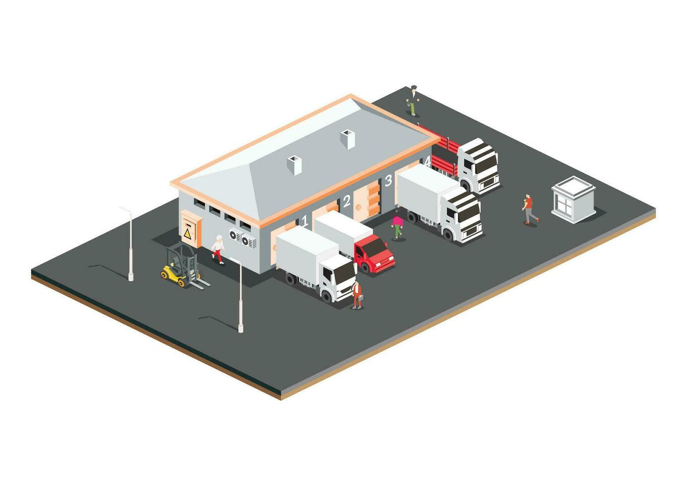 isométrica distribución logístico centro. almacén almacenamiento instalaciones con camiones aislado en blanco antecedentes. cargando descarga Terminal. vector