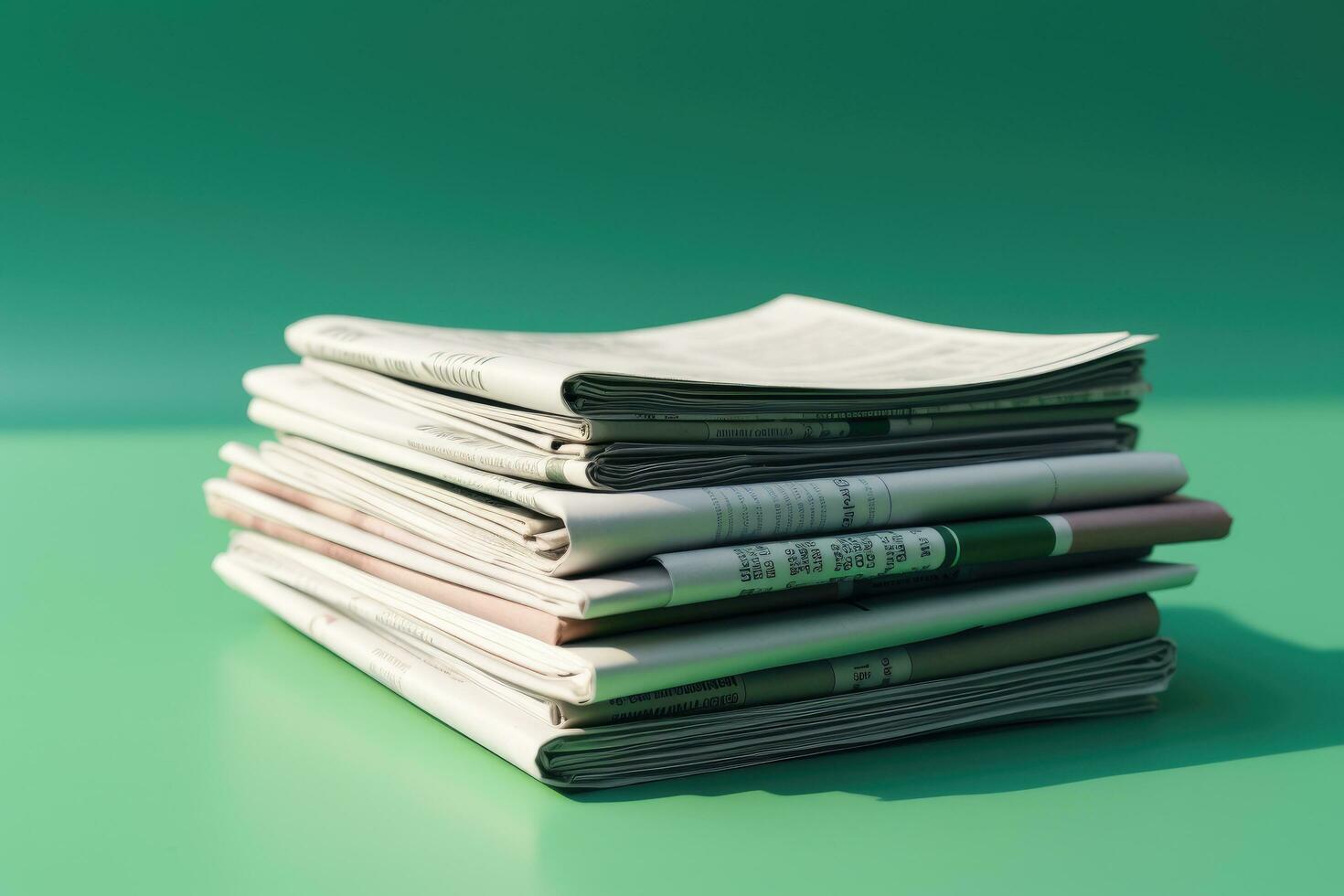 AI generated Stack of newspapers on green background. Shallow depth of field, Stack of newspapers on green background with copy space. Close up, AI Generated photo