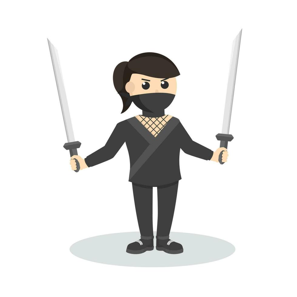 ninja woman with double katana design character on white background vector
