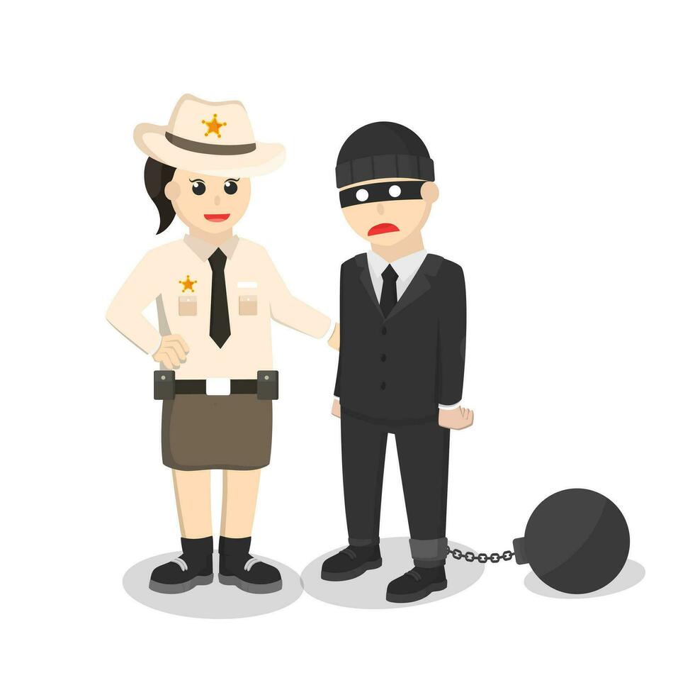 alguacil mujer atrapado ladrón diseño personaje en blanco antecedentes vector