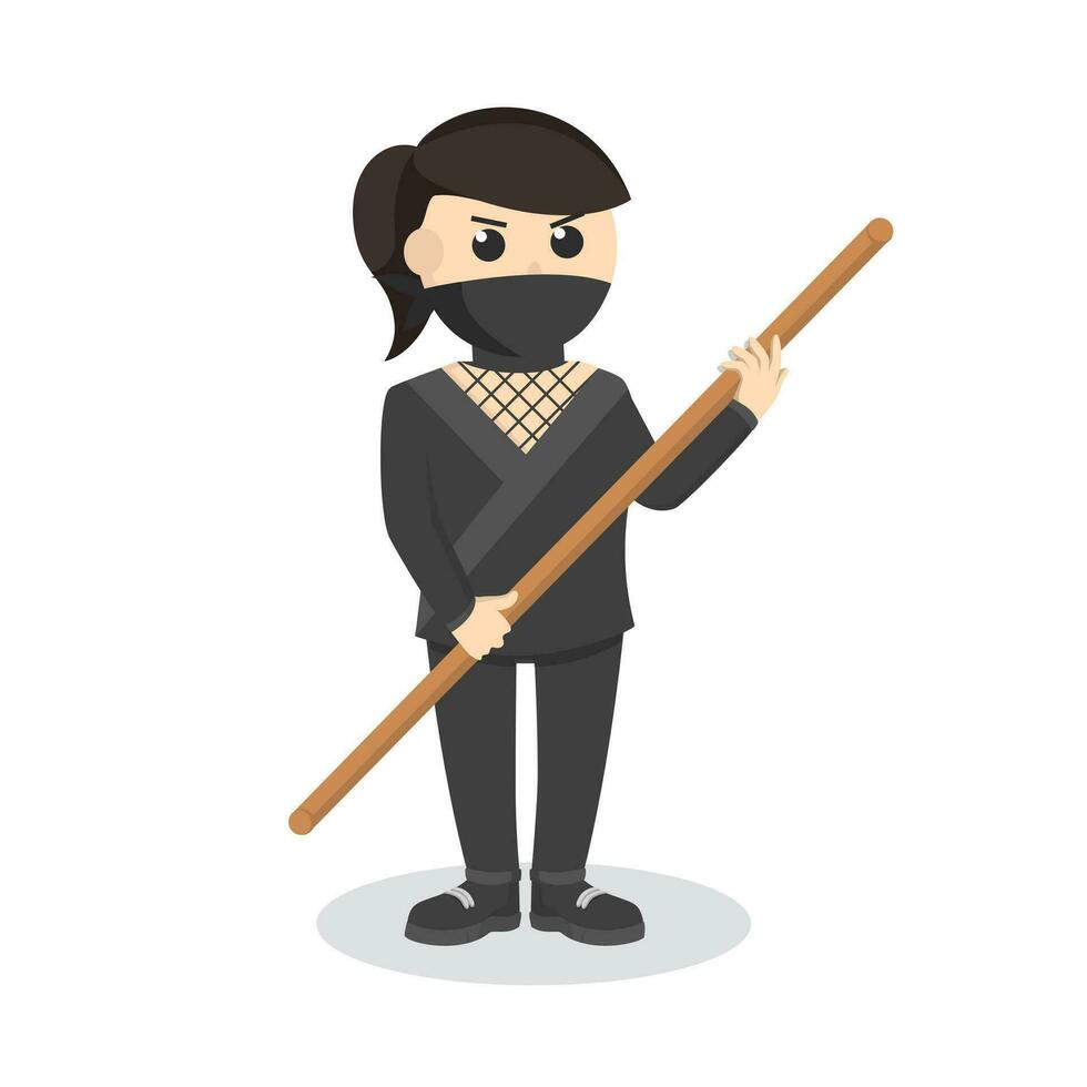 ninja mujer sostener de madera palo diseño personaje en blanco antecedentes vector