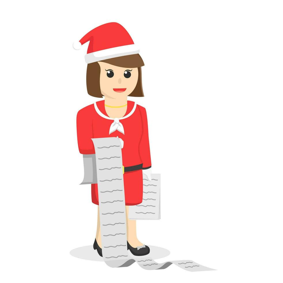 Papá Noel mujer leyendo lista regalo diseño personaje en blanco antecedentes vector