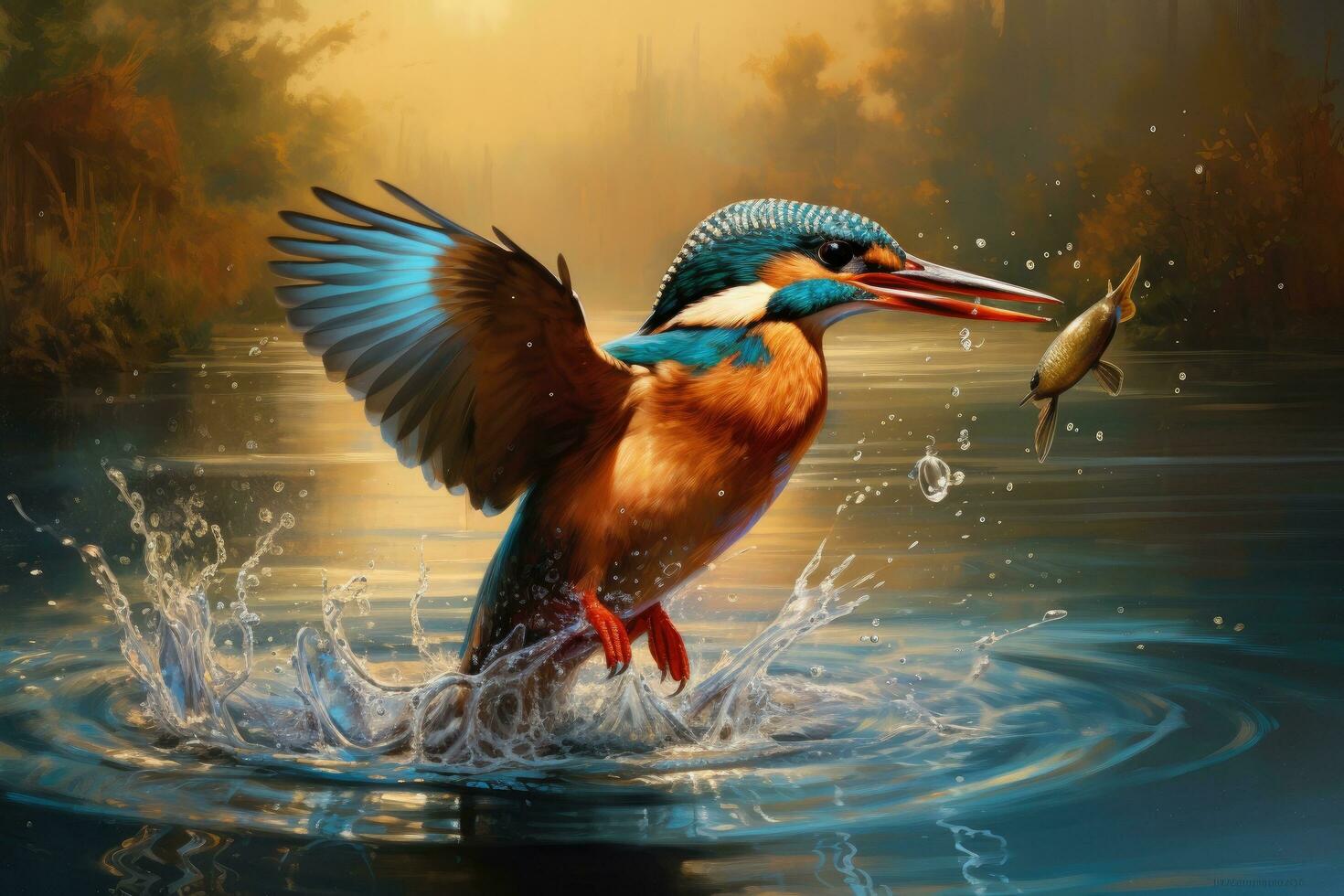 AI generated Kingfisher and fish in the water. 3D illustration, A Kingfisher catching a fish in the water, identified as Alcedo atthis, AI Generated photo