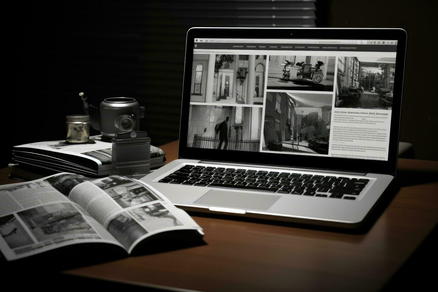 AI generated Laptop with news website on screen. Black and white image, A laptop and newspapers on a black and white background create a business still life, AI Generated photo