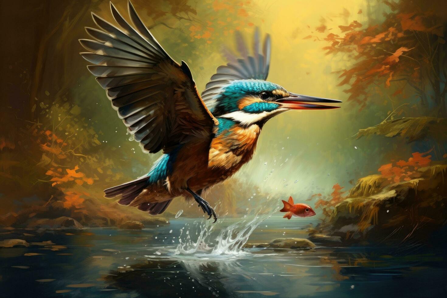 AI generated Digital painting of a Kingfisher catching a fish in the water, A Kingfisher skillfully capturing a fish mid-flight, AI Generated photo