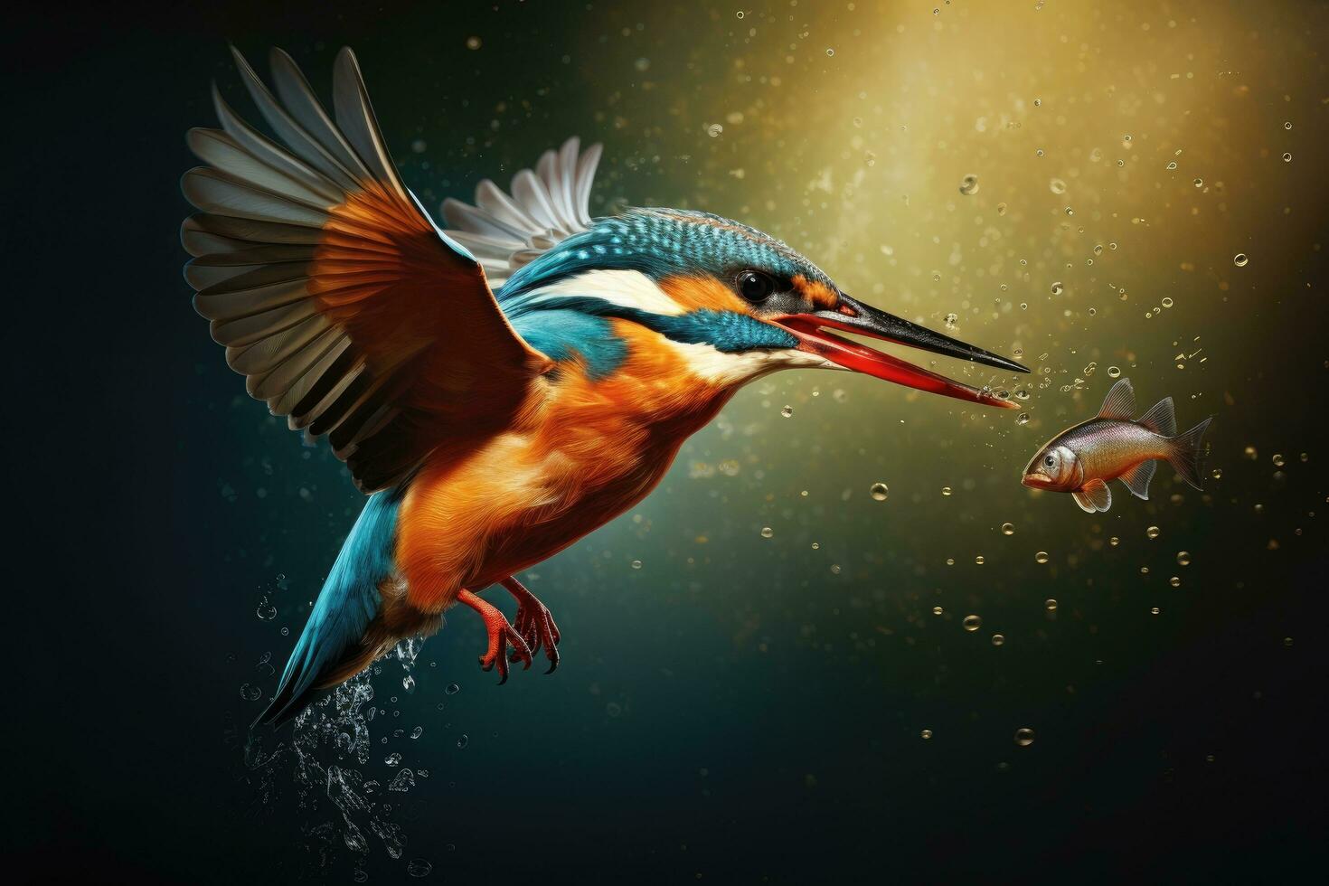 AI generated Flying kingfisher with fish in beak on a dark background, A Kingfisher skillfully capturing a fish mid-flight, AI Generated photo