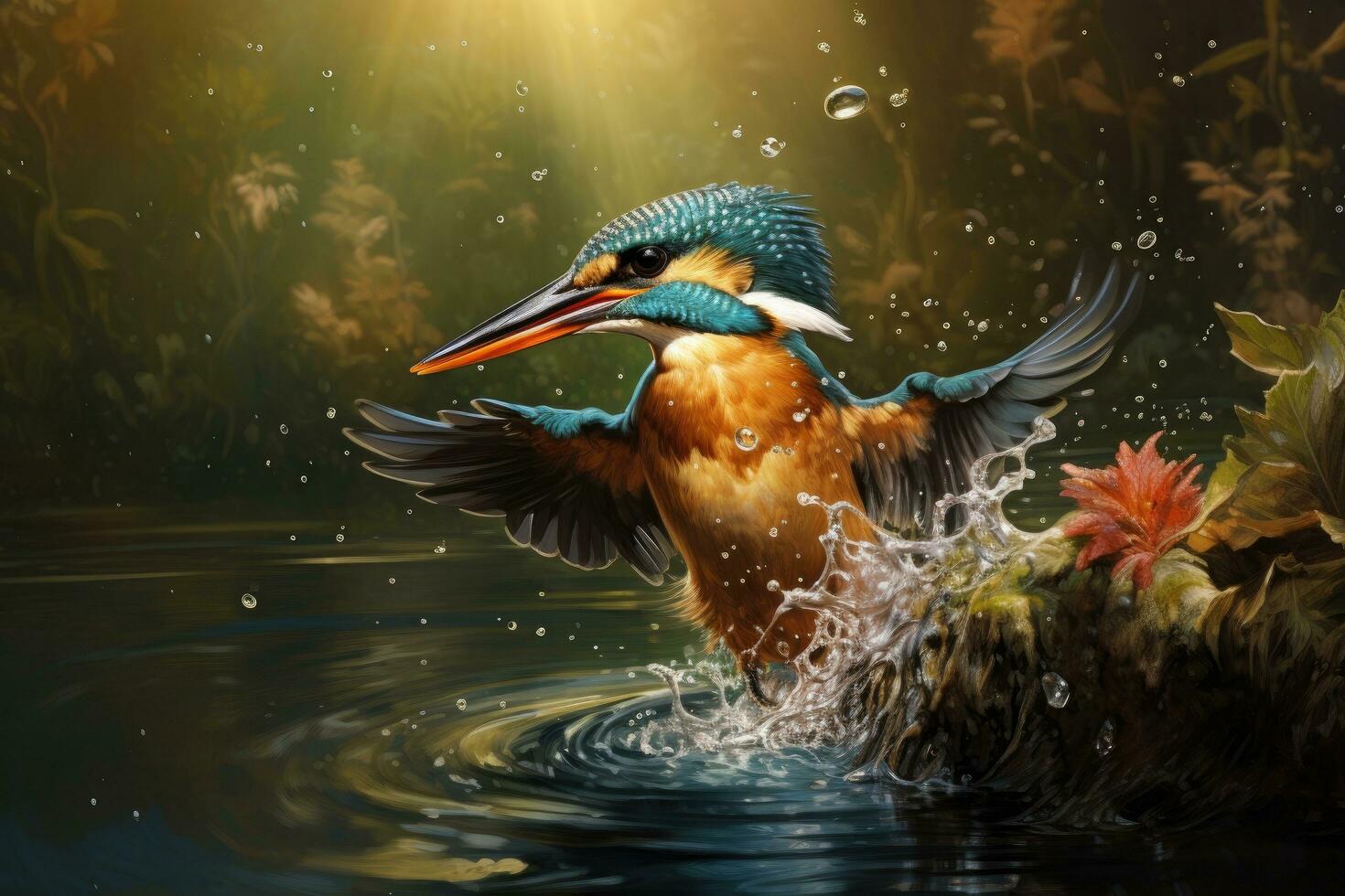 AI generated Kingfisher flying over the water. Wildlife scene from nature, A Kingfisher catching a fish in the water, identified as Alcedo atthis, AI Generated photo