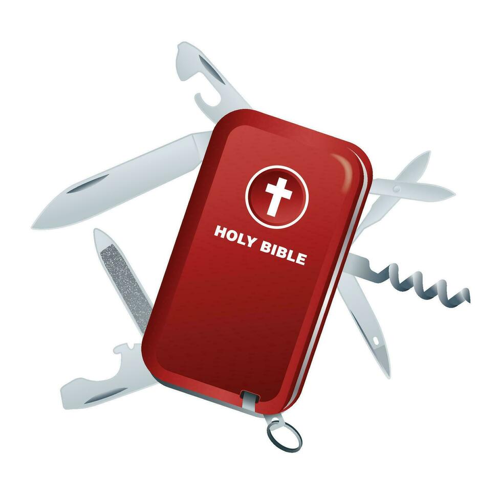 A conceptual illustration of a swiss army knife and holy bible multipurpose tool. vector