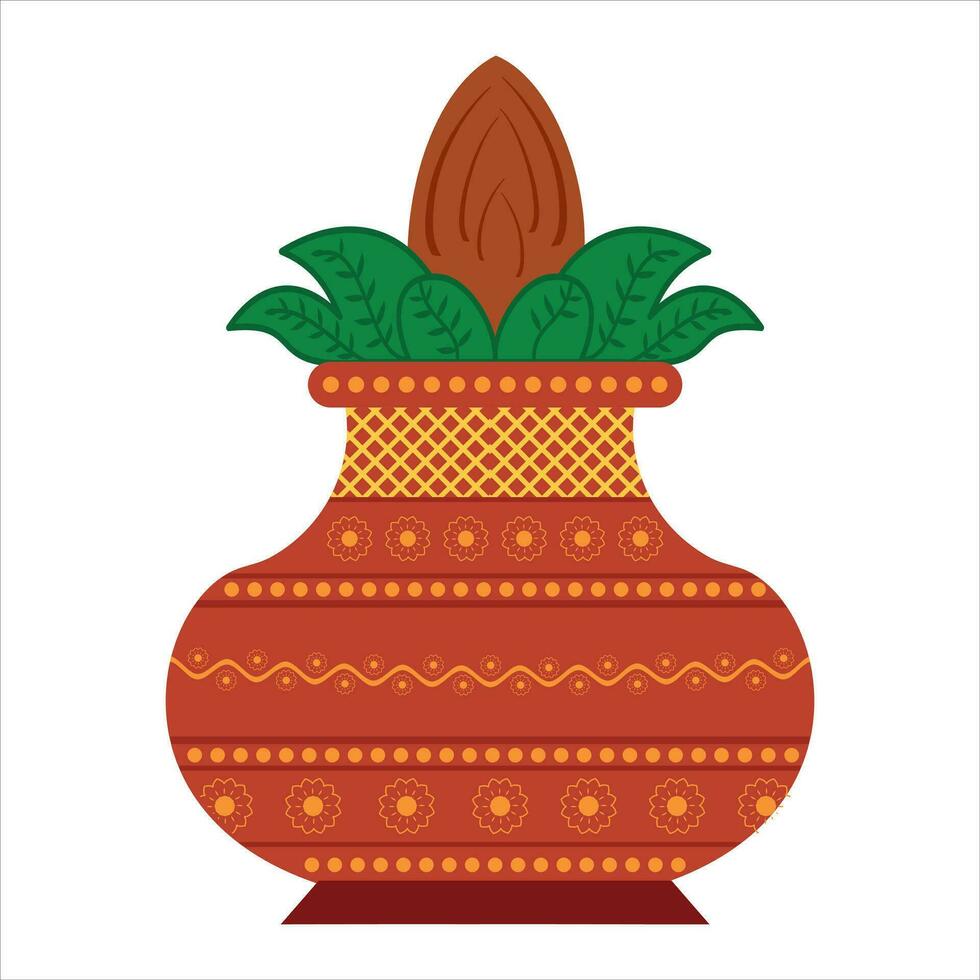Traditional clay Kalash isolated on white. Hindu and Jain ritual element for puja vector