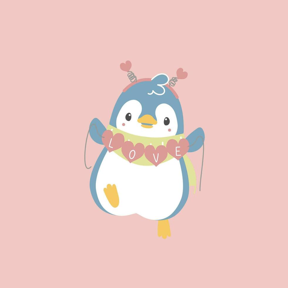 linda y encantador pingüino con corazón y amor texto, contento San Valentín día, amor concepto, plano vector ilustración dibujos animados personaje disfraz diseño