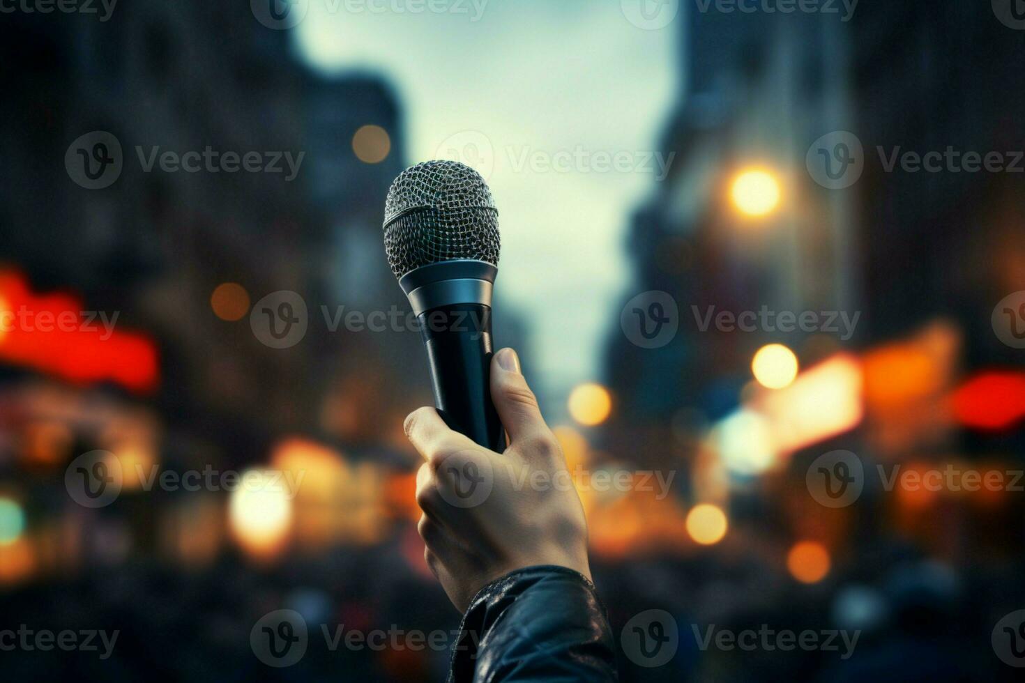 AI generated Vibrant voice Hand reaches for microphone amidst the bustling city photo