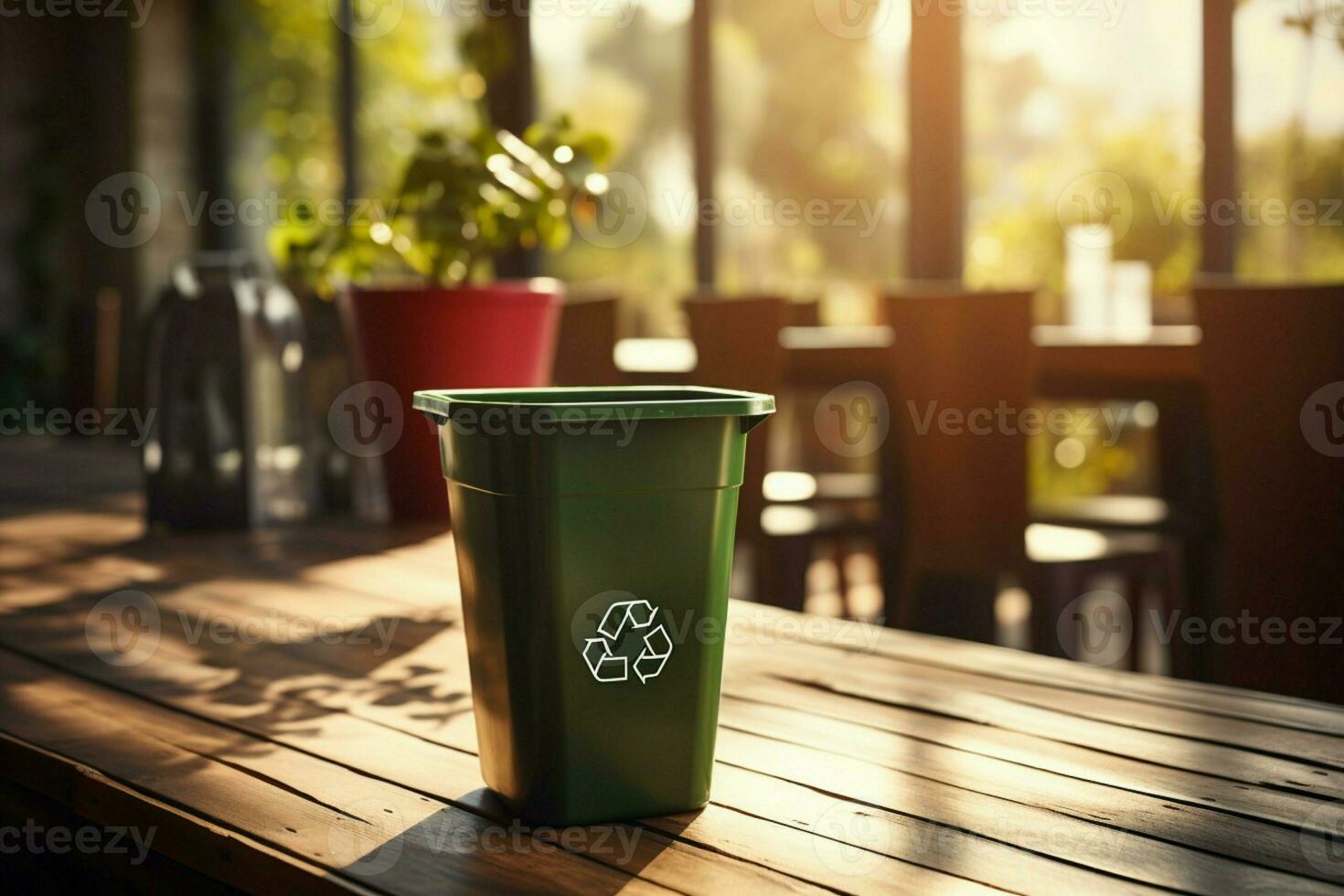 AI generated Sun drenched recycling Bin on table, touched by natural sunlight photo