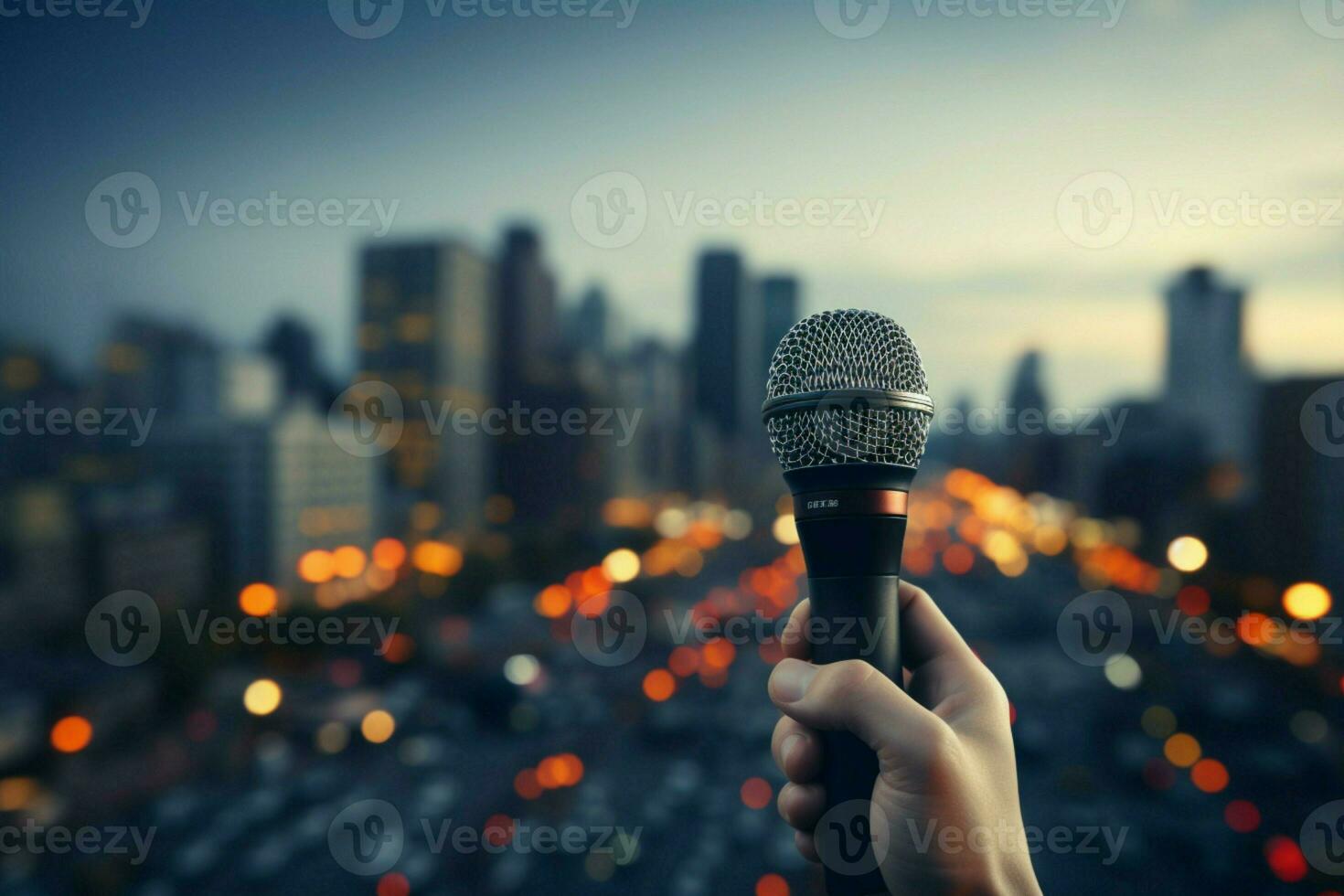 AI generated Vibrant voice Hand reaches for microphone amidst the bustling city photo