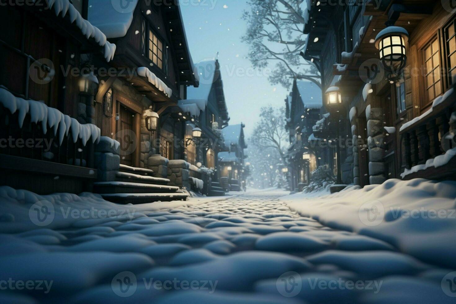 AI generated Street tranquility soft snowflakes descend, covering the quiet surroundings gently photo
