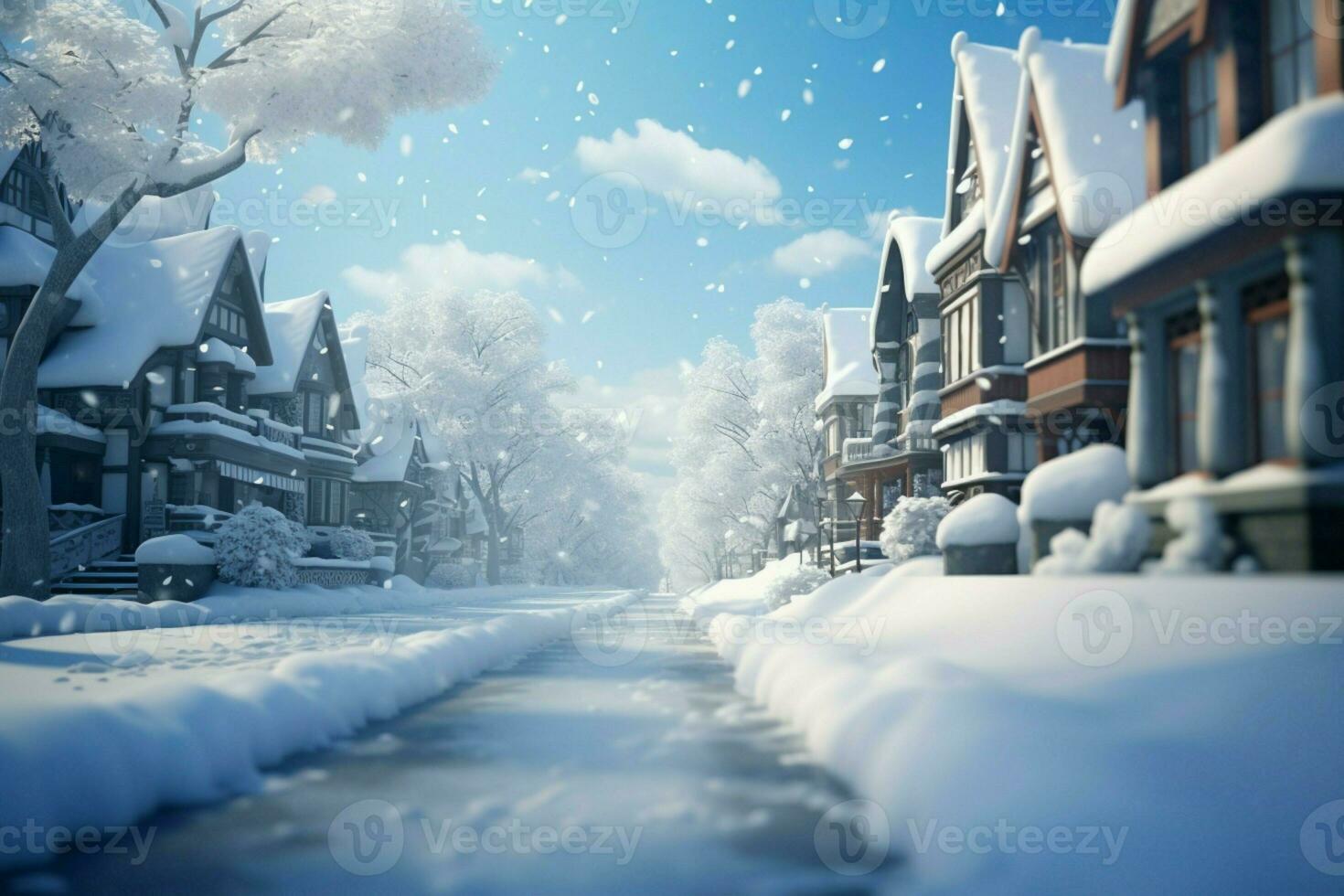 AI generated Serene snow scene a quiet street draped in soft, falling flakes photo
