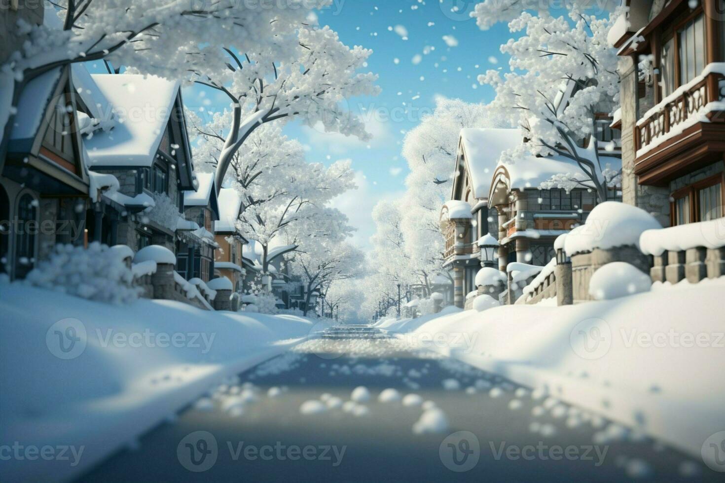 AI generated Serene snow scene a quiet street draped in soft, falling flakes photo