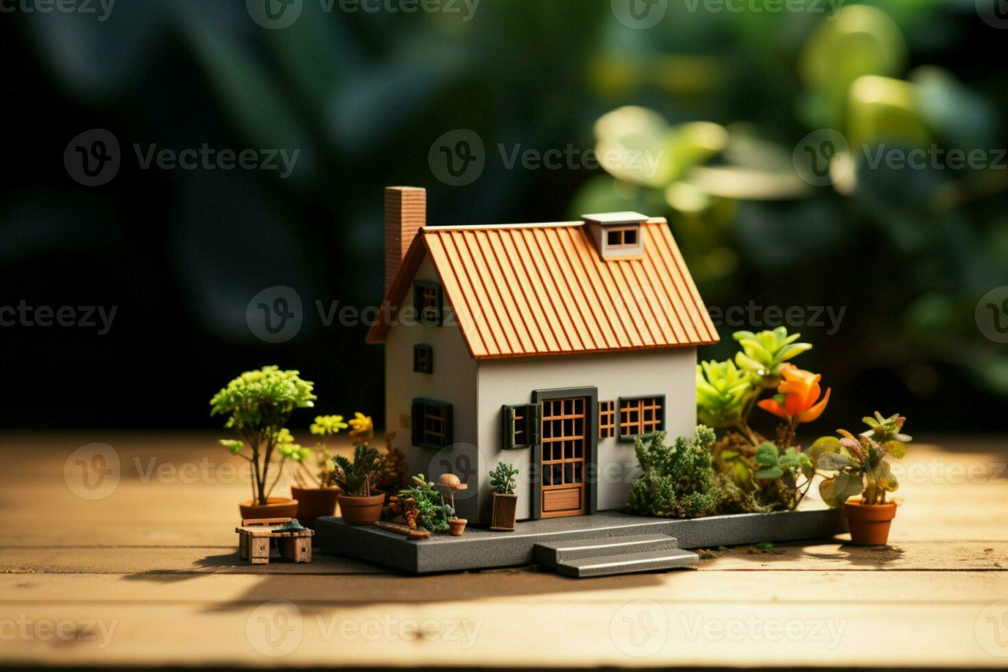 AI generated Little abode Miniature house rests on a quaint wooden table photo