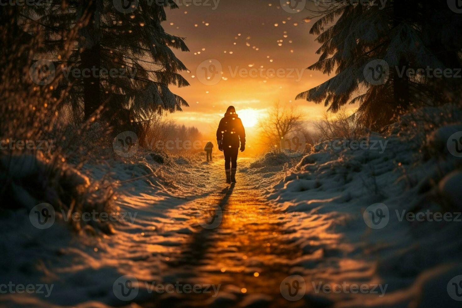 AI generated Sunset wanderer Individual traverses snowy path on winter evening photo