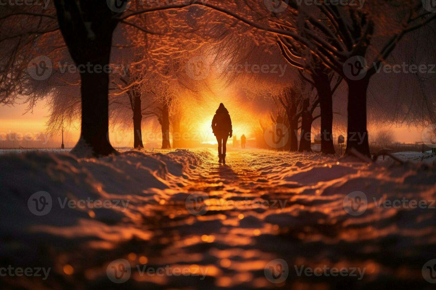 AI generated Winter dusk Individual walks on a snowy road under sunset photo