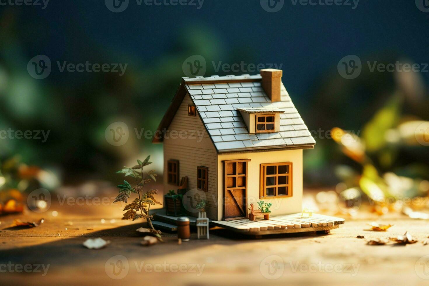 ai generado minúsculo vivienda miniatura casa perchas en un rústico de madera mesa foto