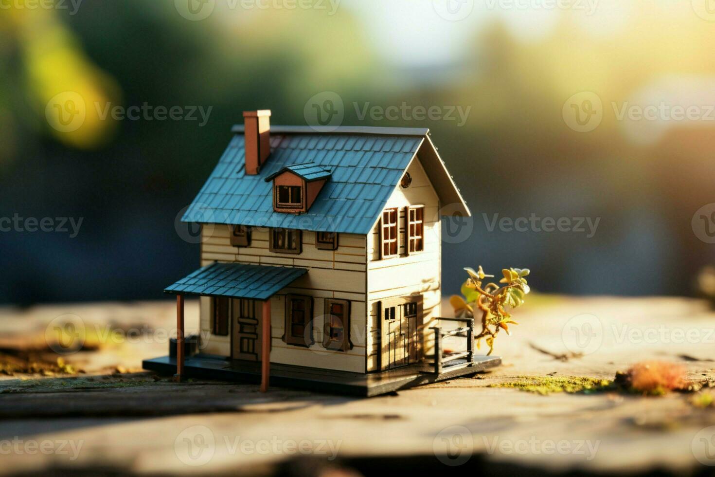 AI generated Tiny dwelling Miniature house perches on a rustic wooden table photo
